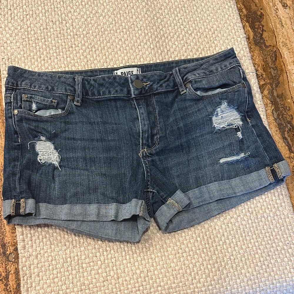 PAIGE Distressed Dark Blue Jean Shorts